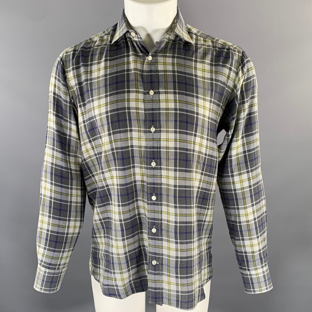 ETRO Size M Grey Blue Green Plaid Pointed Collar Long Sleeve Shirt